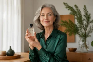 Femme élégante de 50 ans en chemisier vert tenant un flacon de parfum dans un intérieur lumineux et moderne.