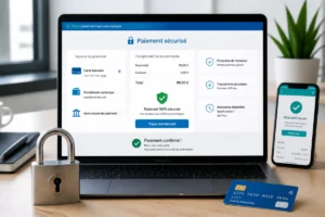 Atelier Mireva avis : ordinateur affichant un paiement sécurisé HTTPS, cadenas, cartes bancaires et protection de l’acheteur