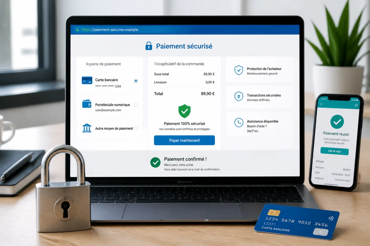 Atelier Mireva avis : ordinateur affichant un paiement sécurisé HTTPS, cadenas, cartes bancaires et protection de l’acheteur