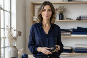 Femme élégante dans un atelier parisien présentant un accessoire artisanal, illustrant nos avis sur Marie Louise Paris.