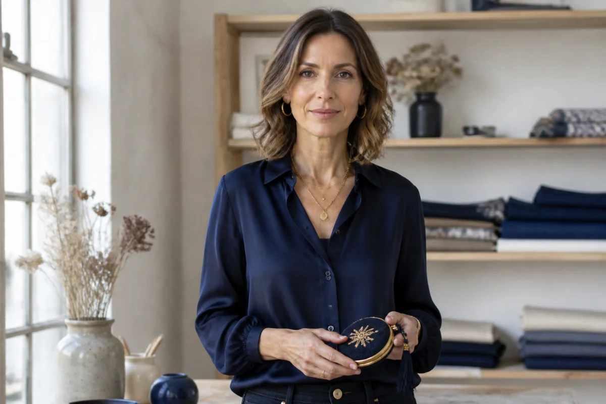 Femme élégante dans un atelier parisien présentant un accessoire artisanal, illustrant nos avis sur Marie Louise Paris.