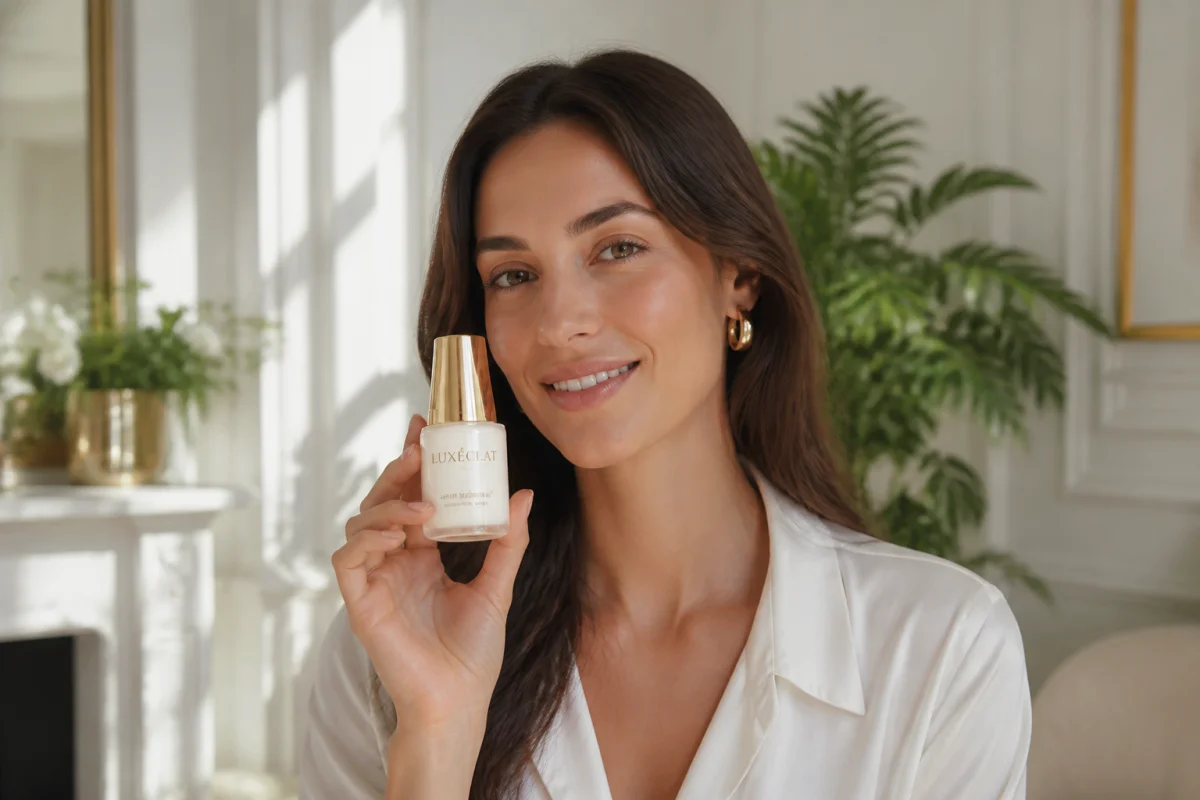 Femme élégante présentant un soin cosmétique haut de gamme dans un intérieur parisien lumineux, idéal pour un avis Marie Louise Paris.