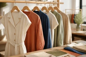 Garbelle avis : vêtements élégants sur cintres, tissus variés et finitions soignées dans un atelier lumineux