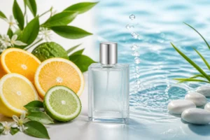 Composition de parfum hespéridé avec agrumes frais, flacon neutre et ambiance aquatique lumineuse rassurant l'utilisateur.