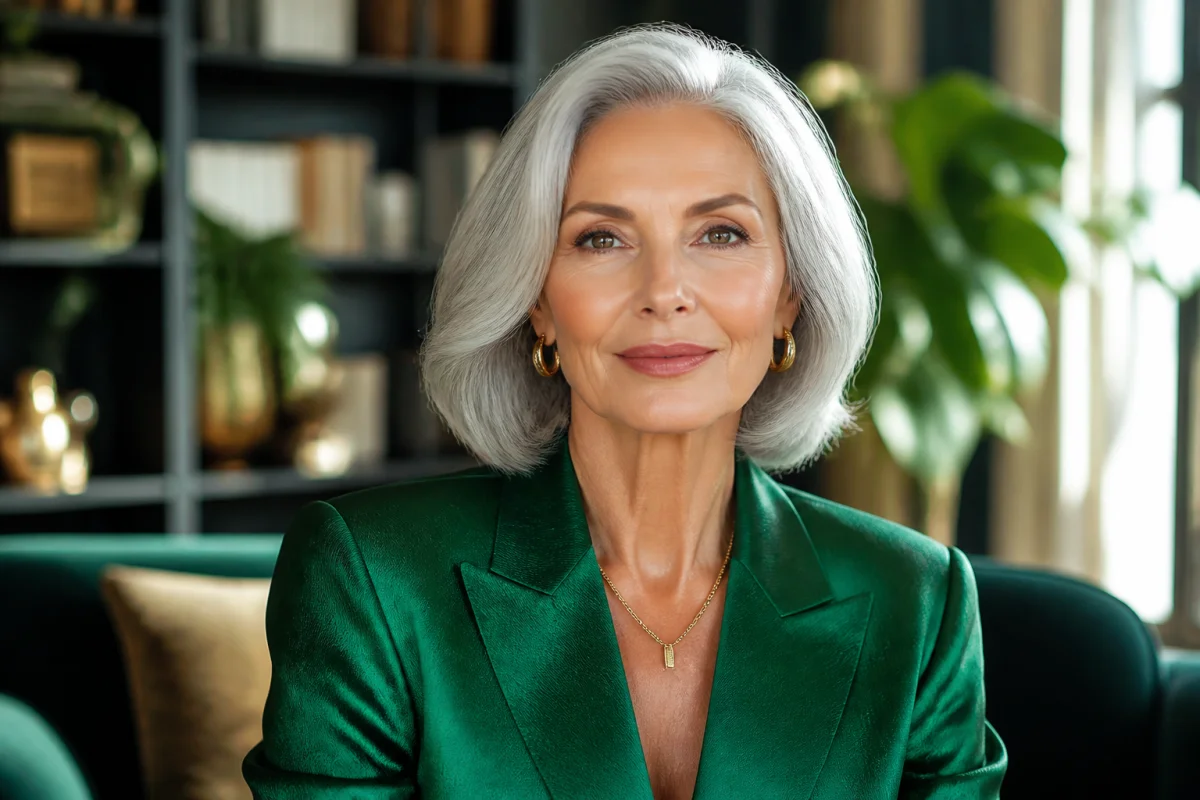 Femme élégante de 60 ans en veste vert émeraude, incarnation du parfum idéal pour une femme mature et sophistiquée.