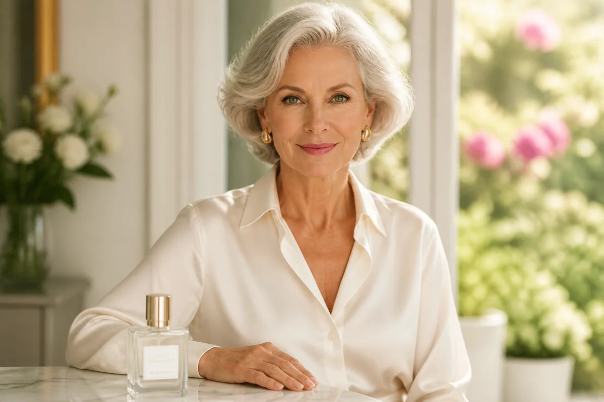Femme élégante aux cheveux argentés choisissant un parfum raffiné dans un intérieur lumineux et apaisant.
