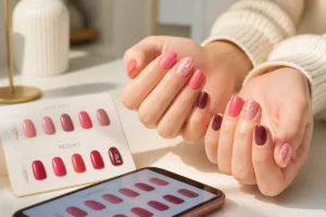 Nailypop avis : mains manucurées comparant des teintes d’ongles reçues à leur aperçu numérique sur téléphone et nuancier