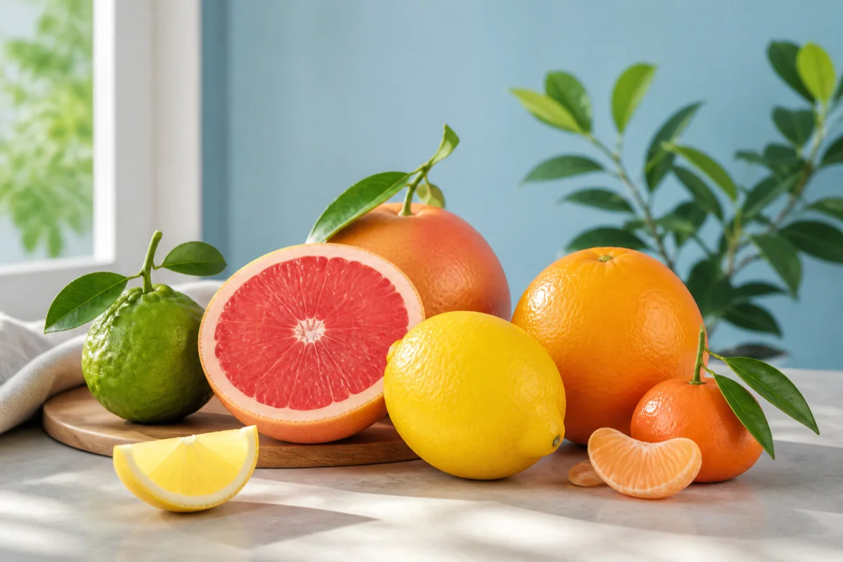 Agrumes frais illustrant qu’est-ce qu’un parfum hespéridé, avec bergamote, citron, orange, mandarine et pamplemousse
