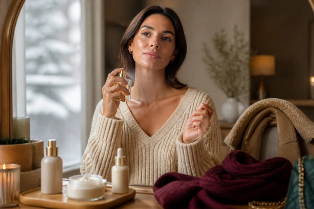 Personne appliquant un parfum sur son cou après hydratation, dans une ambiance hivernale chaleureuse et élégante