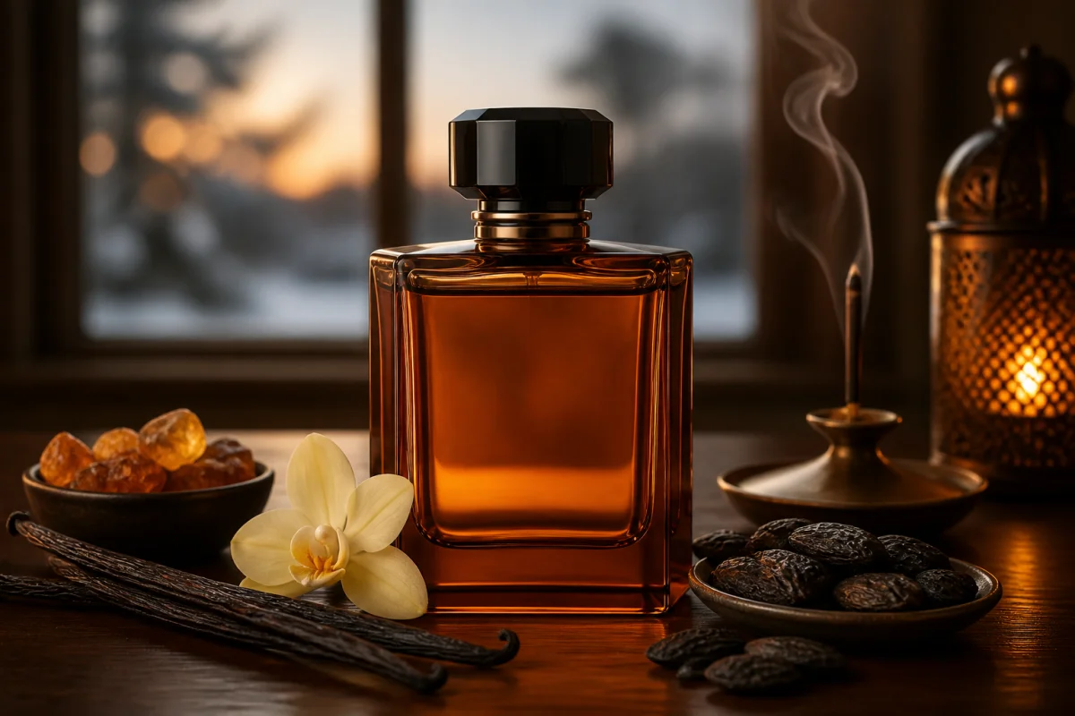 Flacon de parfum ambré entouré de vanille, encens et fèves tonka dans une ambiance chaleureuse d’hiver