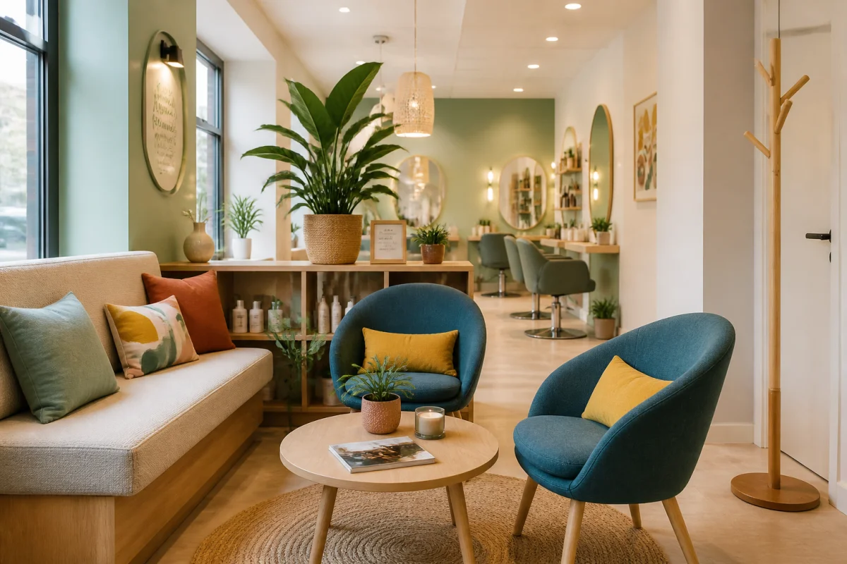 Agencement d’un salon de beauté avec espace d’attente compact, banquette, fauteuils et séparation végétale des postes de travail