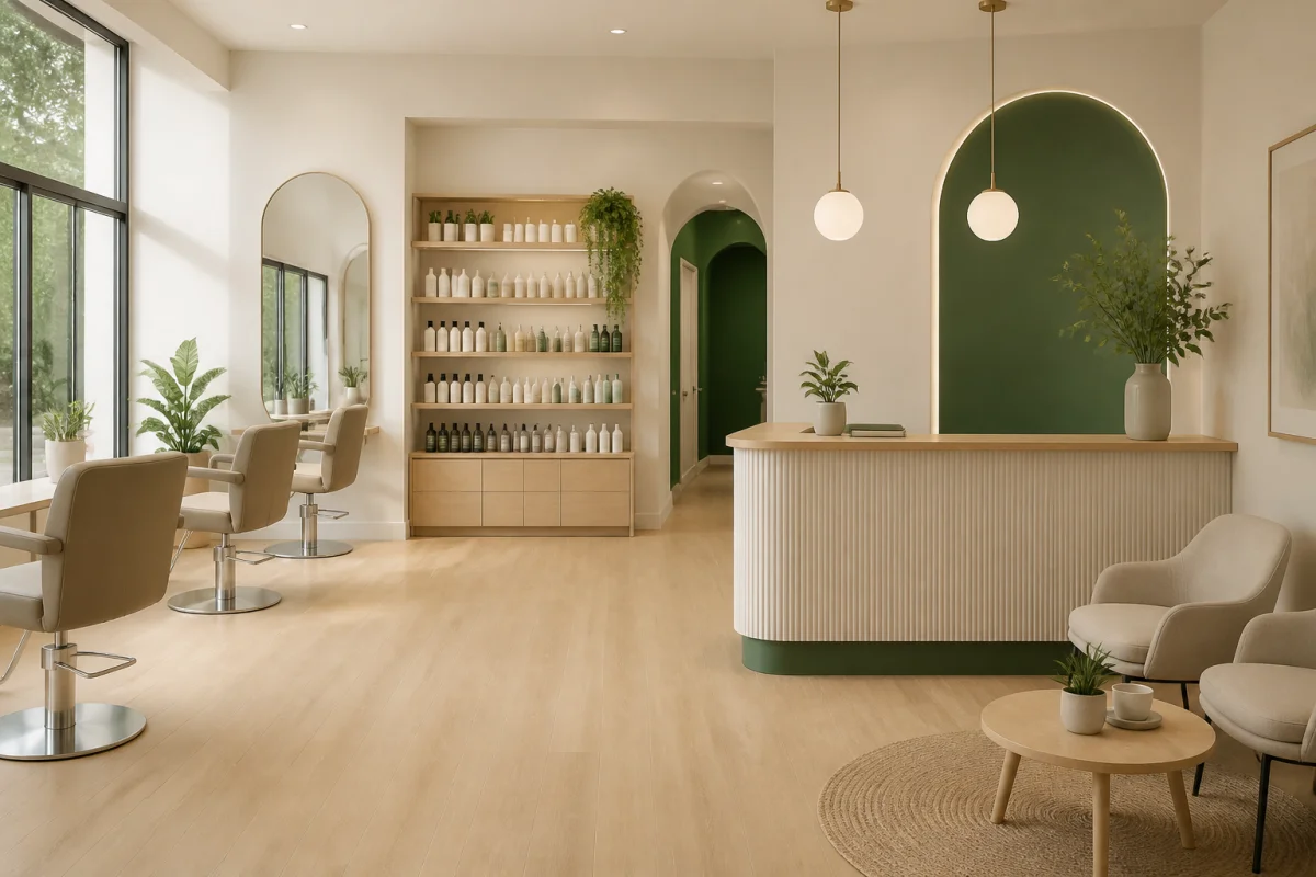 Agencement d’un salon de beauté contemporain avec accueil, fauteuils, miroir et présentoir de produits