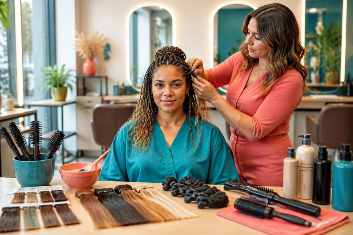 Aissa Coiffure Brest : coiffeuse réalisant une coiffure tressée sur une cliente aux cheveux mi-longs en salon lumineux