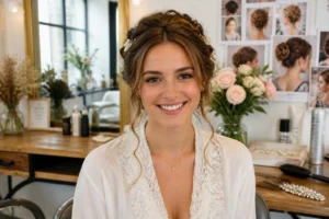 Aissa Coiffure Brest présente une mariée souriante avec chignon, tresses fines et accessoires floraux élégants
