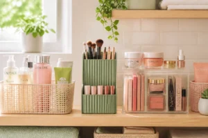 Produits de beauté soigneusement rangés par format dans une salle de bains lumineuse et organisée