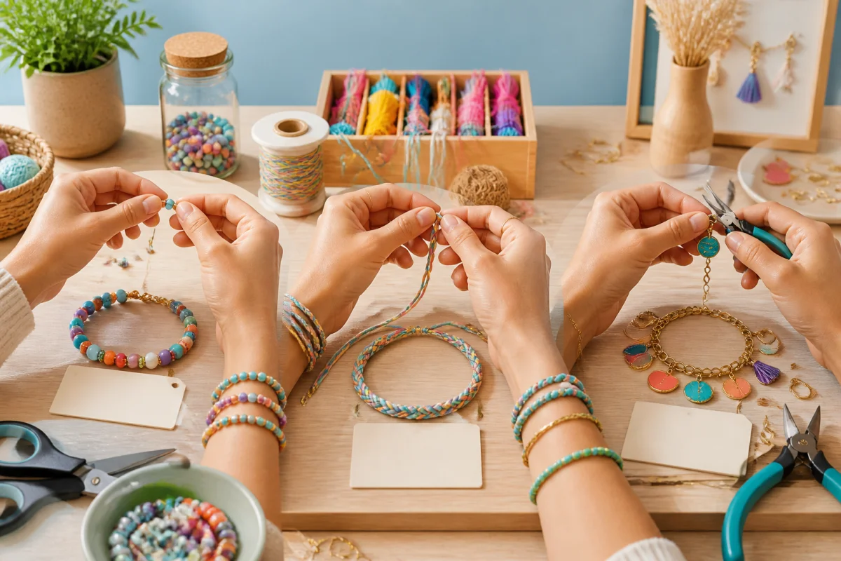 Bracelets fantaisie à faire soi-même en perles colorées, fils tressés et breloques, confectionnés sur une table créative