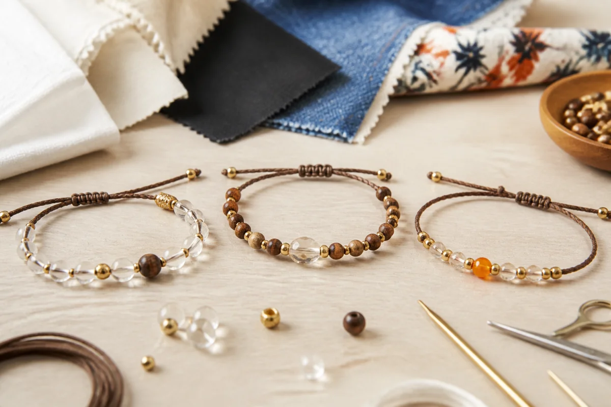 Trois bracelets fantaisie à faire soi-même avec perles translucides, bois, cordons bruns et accents dorés彩神争霸邀请码