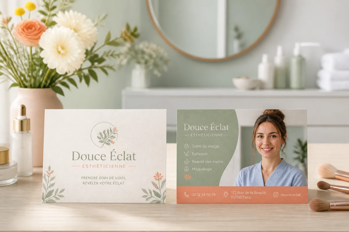 Cartes de visite pour esthéticienne avec logo floral et portrait professionnel, posées dans un espace de soins élégant