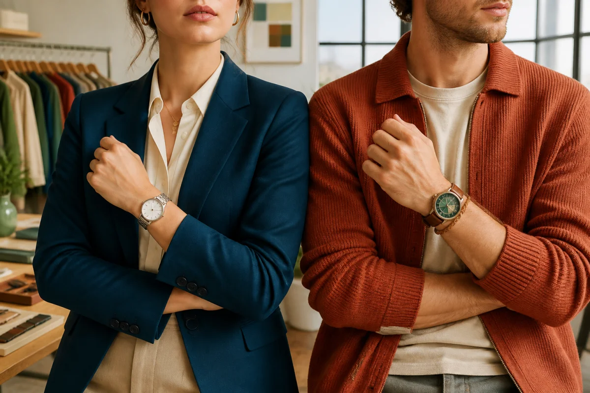 Deux poignets présentent des montres élégante et décontractée pour choisir sa montre selon son style vestimentaire