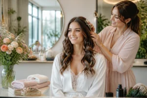 Coiffure By Florelle : mariée souriante aux cheveux ondulés, accompagnée d’une professionnelle dans un salon élégant et lumineux