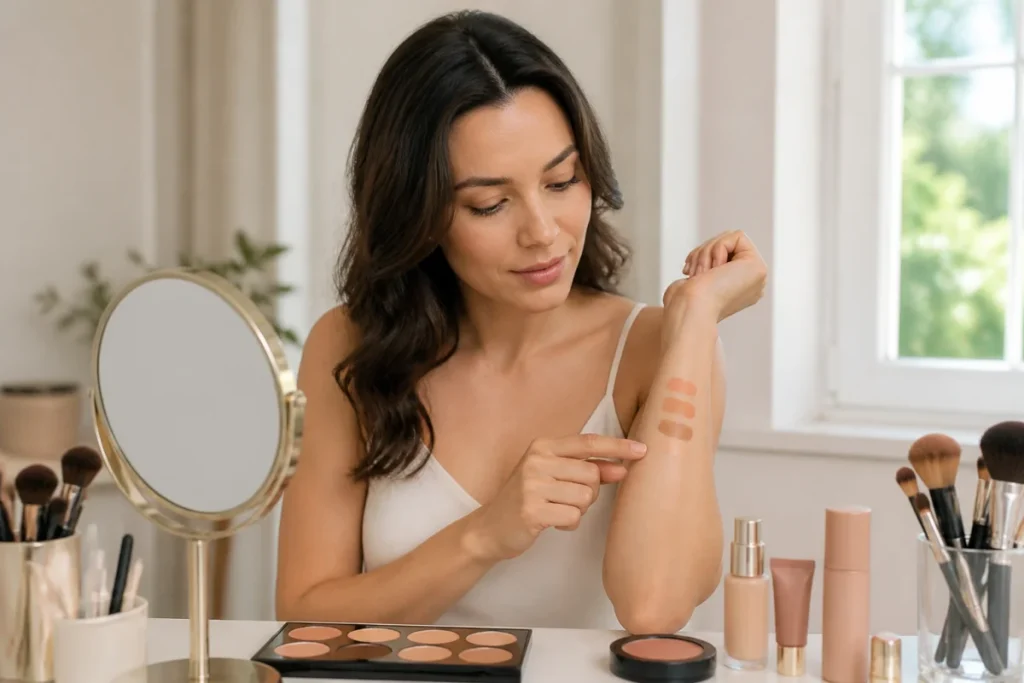Femme comparant des teintes de maquillage, échantillons colorés sur l’avant-bras dans un espace beauté lumineux inspiré de Golden Rose Maquillage