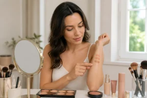 Femme comparant des teintes de maquillage, échantillons colorés sur l’avant-bras dans un espace beauté lumineux inspiré de Golden Rose Maquillage