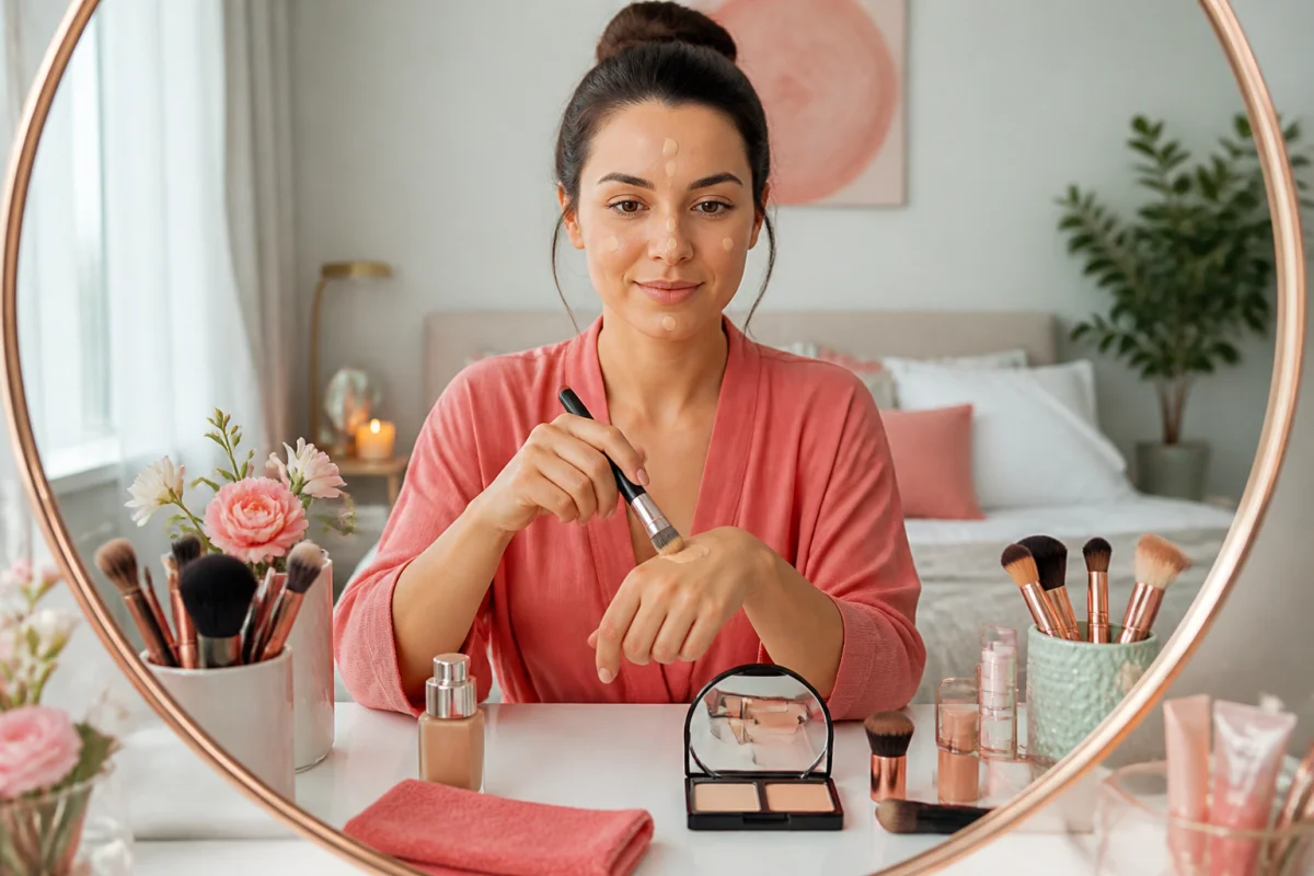 Femme appliquant du fond de teint devant un miroir, entourée de produits Golden Rose Maquillage et pinceaux organisés