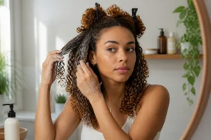 Personne aux cheveux bouclés appliquant une crème hydratante pour répartir l’hydratation des cheveux bouclés dans une salle de bain lumineuse