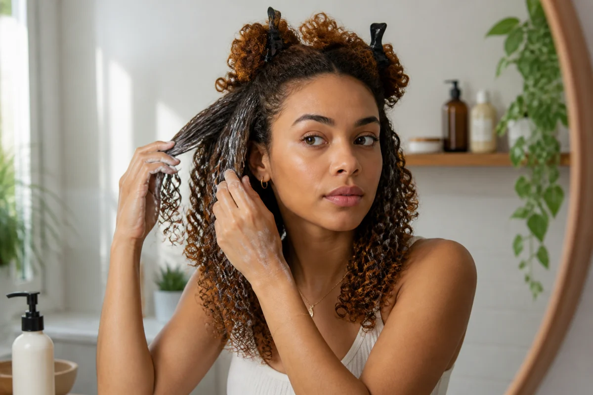 Personne aux cheveux bouclés appliquant une crème hydratante pour répartir l’hydratation des cheveux bouclés dans une salle de bain lumineuse