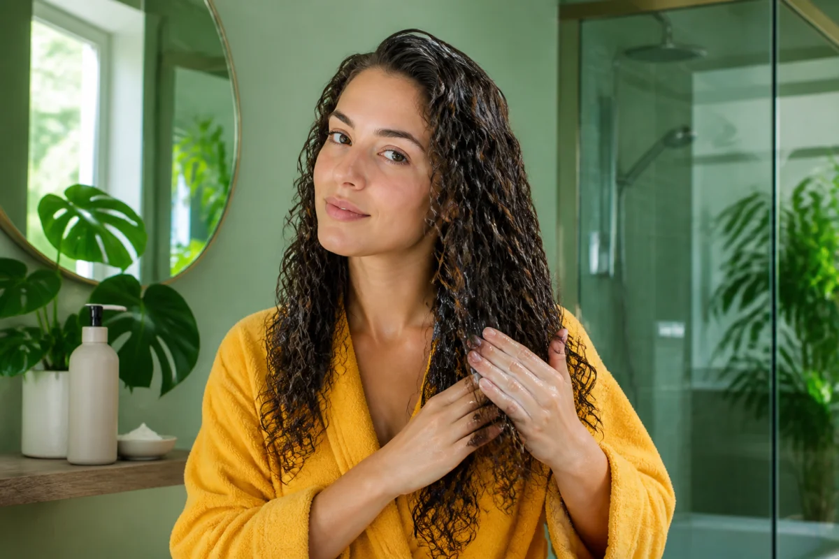Personne aux cheveux bouclés mouillés appliquant un soin sans rinçage pour l’hydratation des cheveux bouclés
