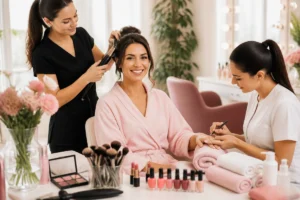 Institut Esmeralda : cliente souriante profitant d’une mise en beauté complète, entre coiffure, manucure et maquillage