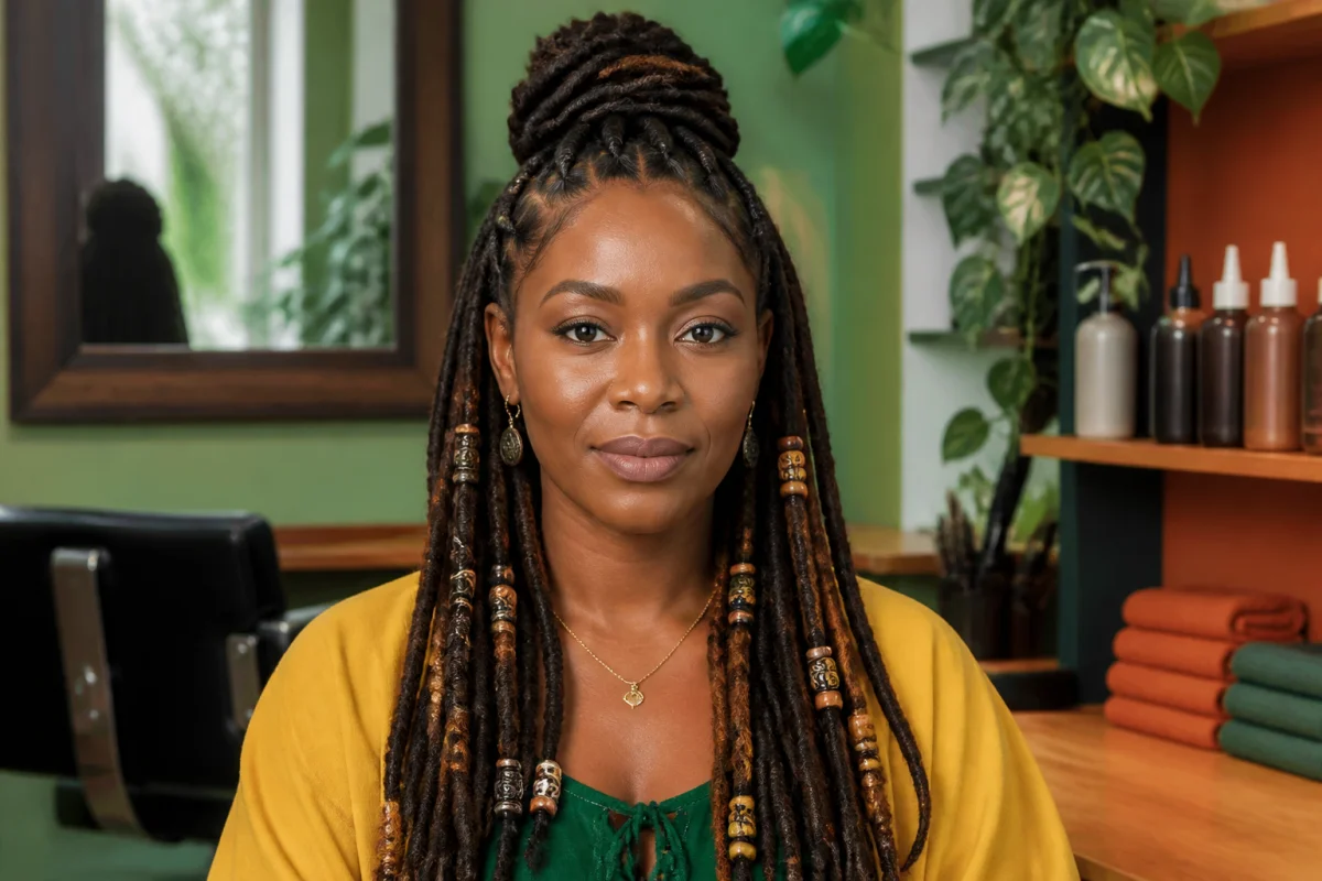 L’Atelier Barber : personne noire aux dreadlocks, braids et tresses dans un atelier de coiffure afro contemporain