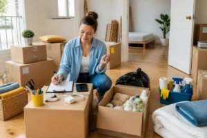 Personne organisant sereinement son déménagement, entourée de cartons étiquetés, documents et essentiels soigneusement regroupés dans un logement lumineux.