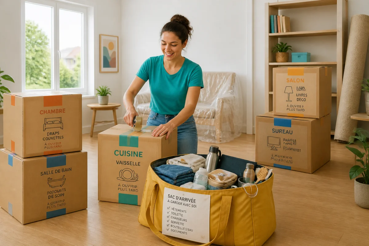 Personne souriante organisant des cartons étiquetés et un sac d’arrivée pour préparer un déménagement sans stress