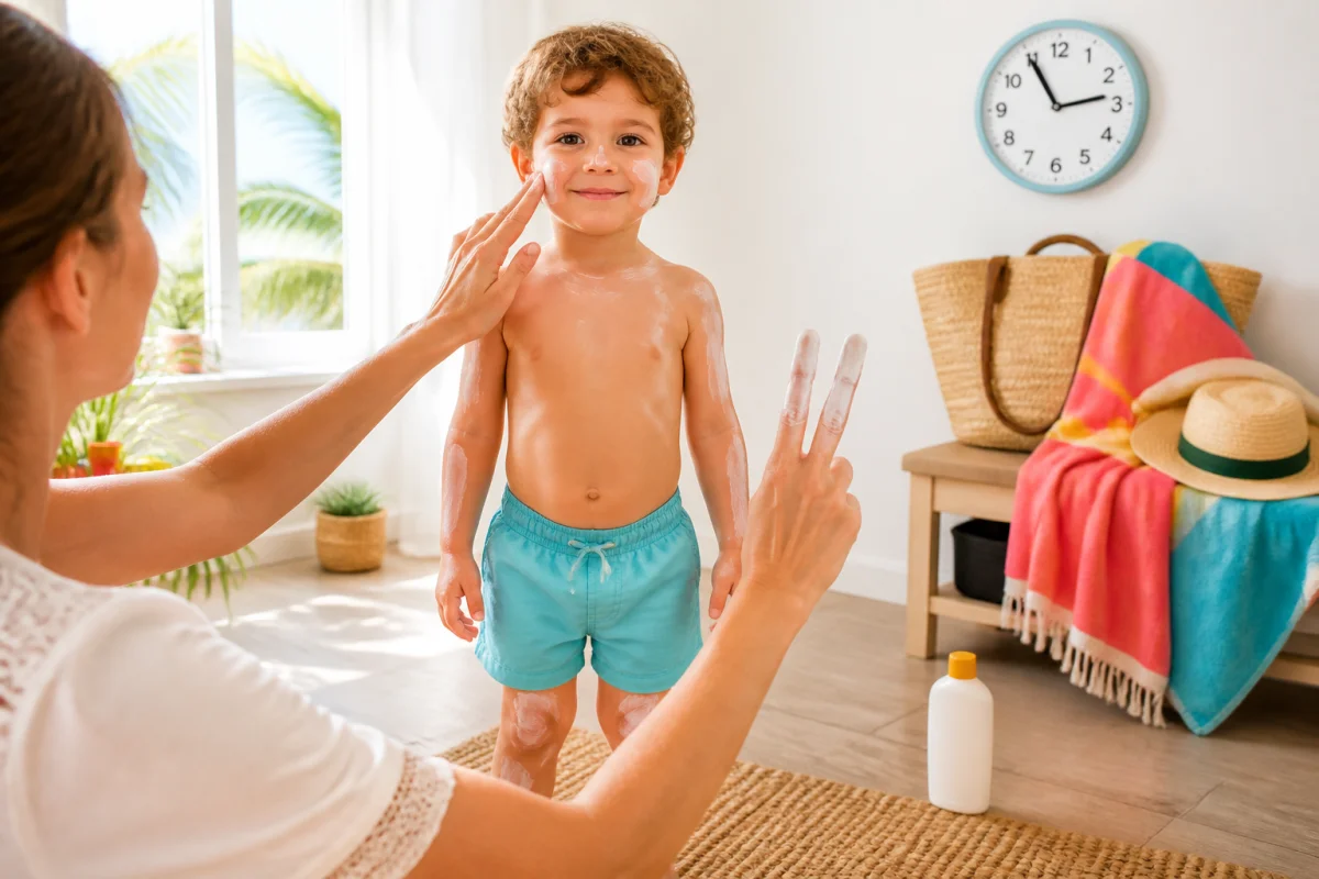 Protection solaire enfant été : application uniforme de crème solaire sur le visage, le cou, les bras et les jambes.