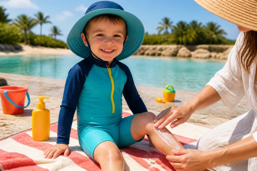 Enfant protégé du soleil en été avec maillot UPF 50+, chapeau à large bord et soin solaire appliqué par un adulte