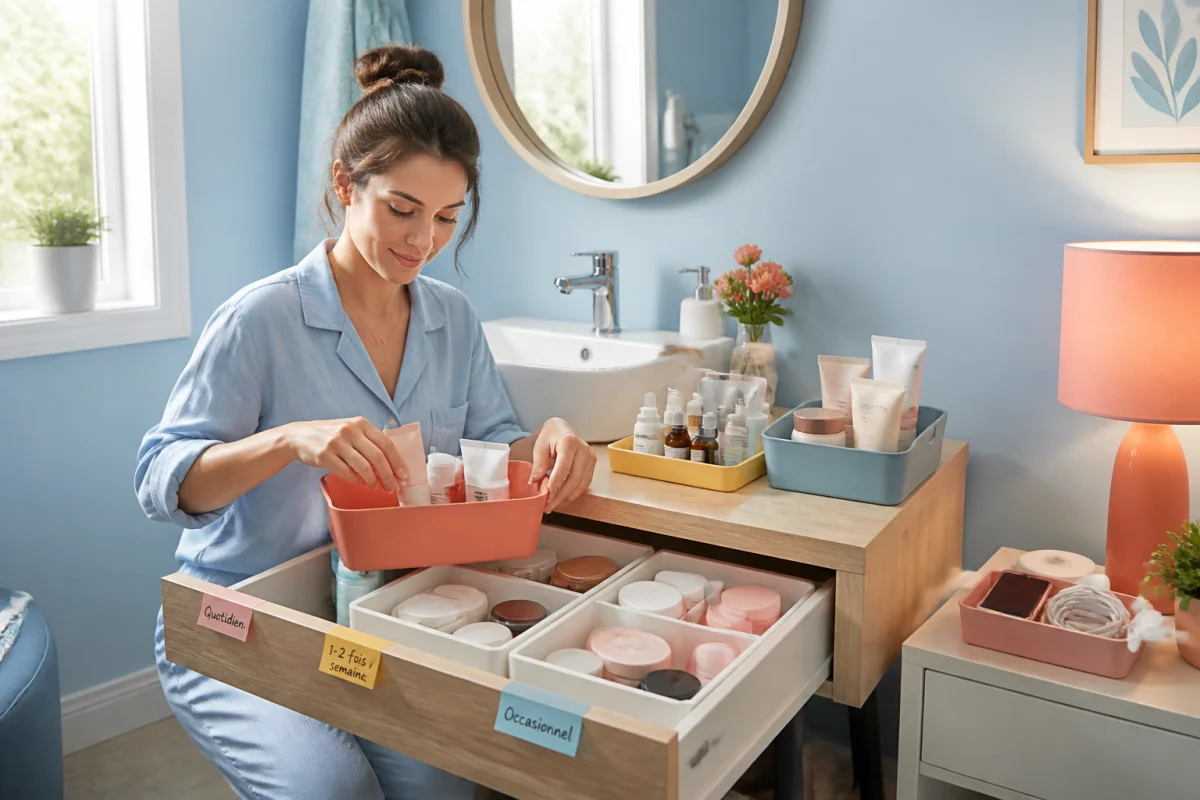 Personne rangeant ses produits de beauté dans des organiseurs, séparés d’un téléphone, dans une salle de bain lumineuse