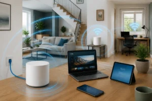 Réseau Wi-Fi à la maison avec point d’accès Ethernet, bornes mesh et couverture stable dans une habitation connectée