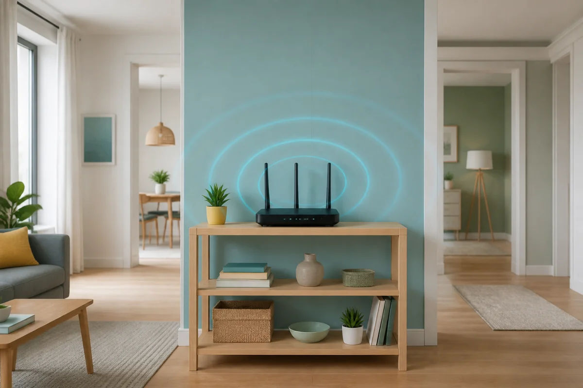 Routeur Wi-Fi domestique placé au centre du salon, antennes verticales et ondes lumineuses symbolisant un réseau wifi à la maison stable