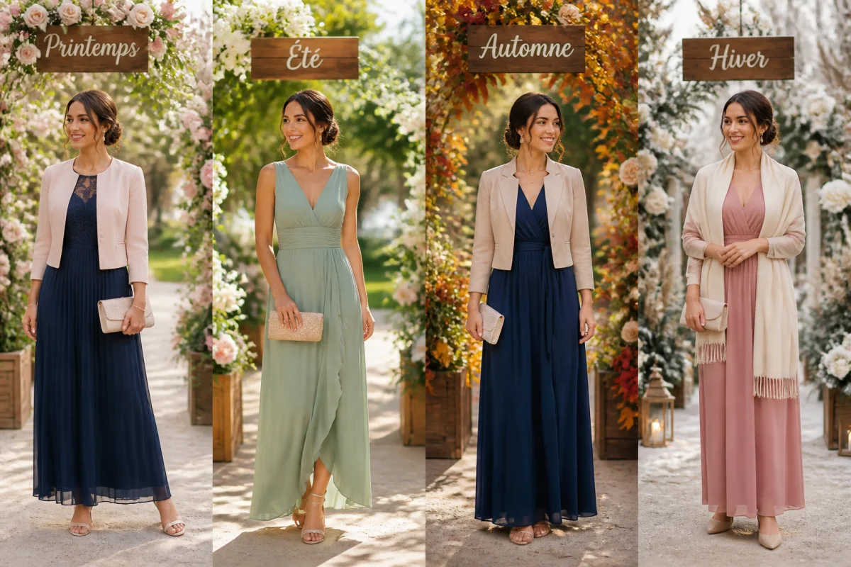 Invitée portant une robe longue élégante avec veste, pochette et accessoires, dans un jardin fleuri de mariage