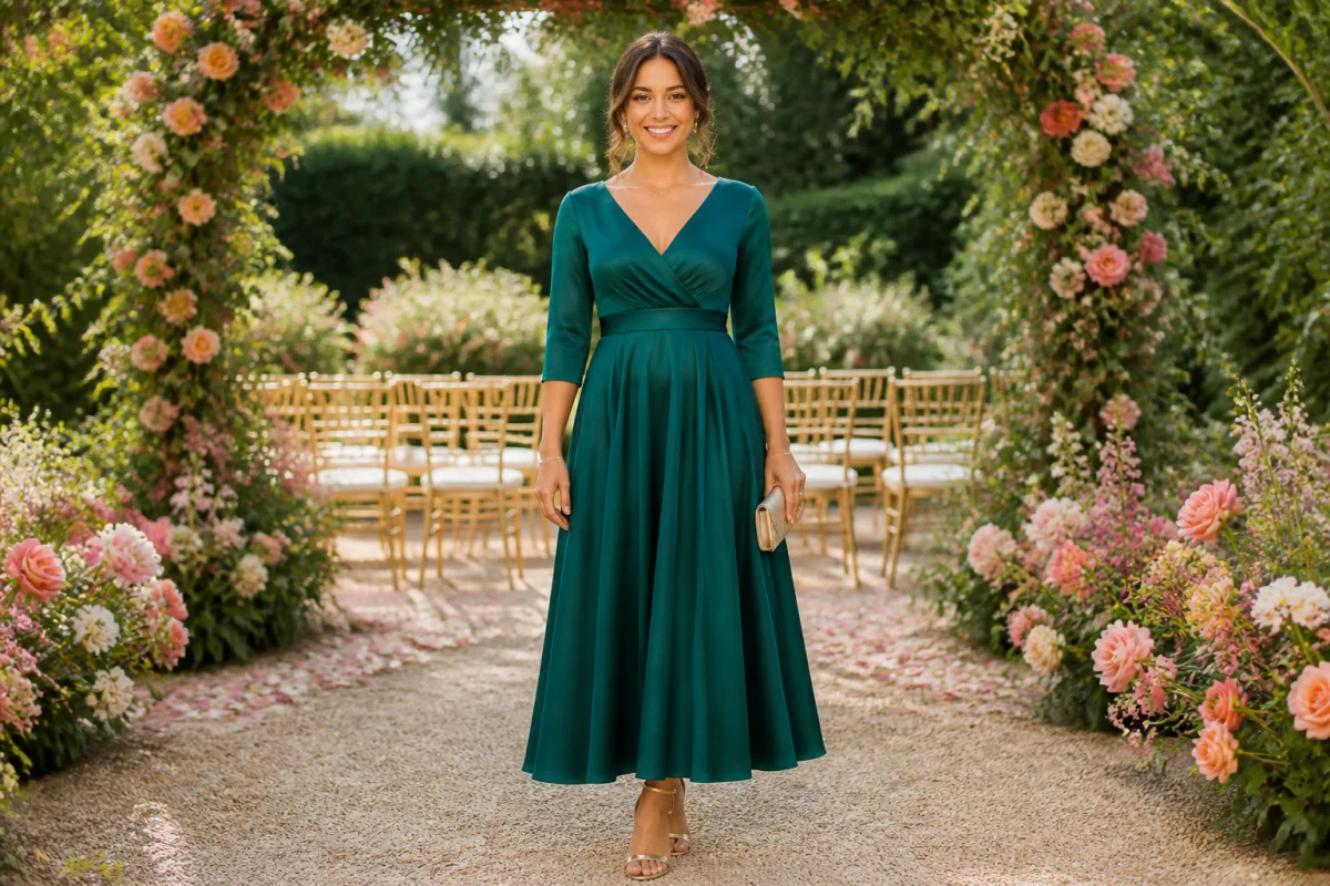 Invitée de mariage en robe longue émeraude fluide, dans un jardin fleuri avec arche végétale et chaises de cérémonie