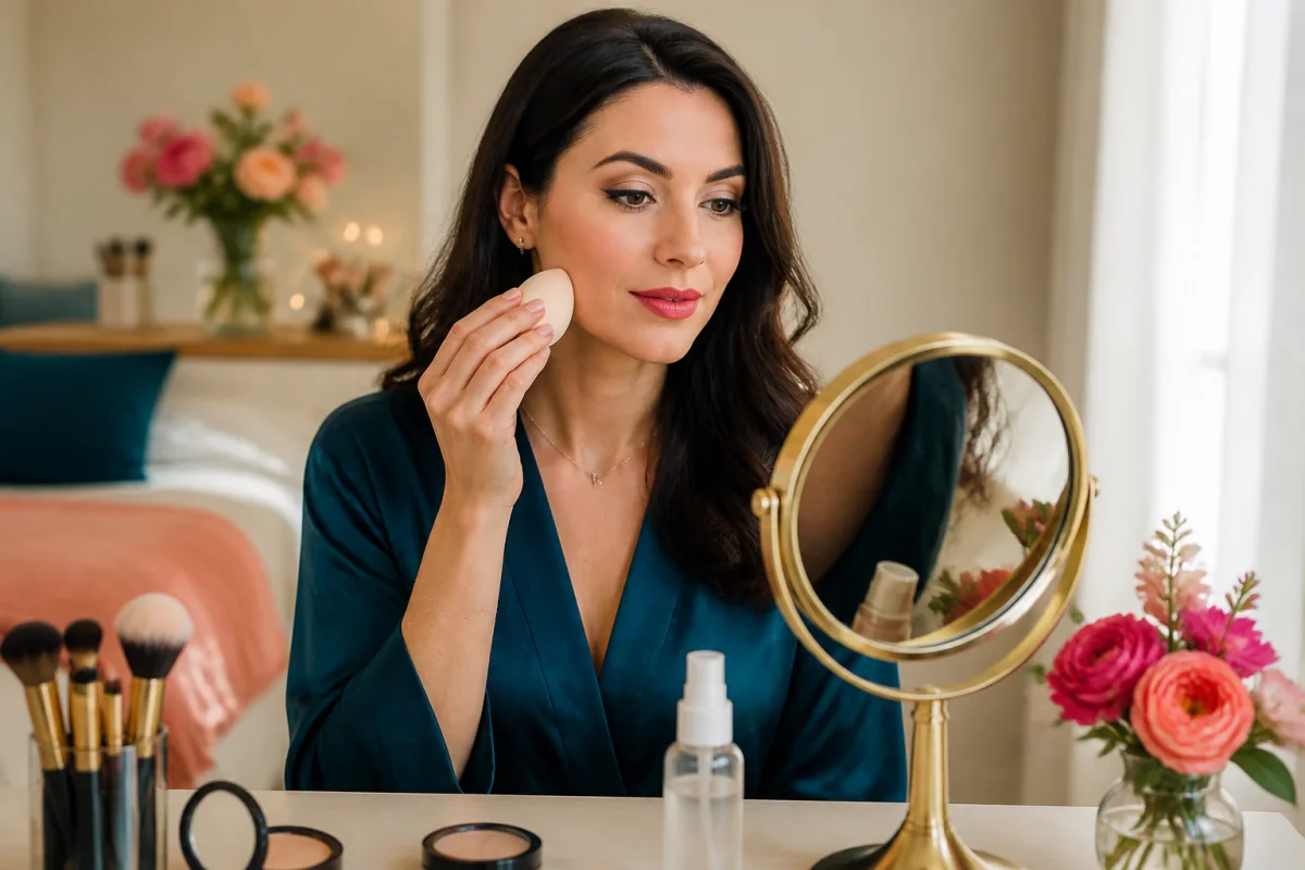 Femme appliquant une base de maquillage lors d’une routine beauté avant une soirée, devant un miroir lumineux