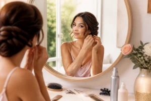 Femme préparant une coiffure élégante dans un espace beauté lumineux pour sa routine beauté avant une soirée