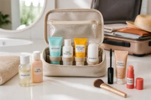 Trousse de beauté de voyage ouverte avec essentiels compacts pour une routine beauté avant vacances organisée et légère