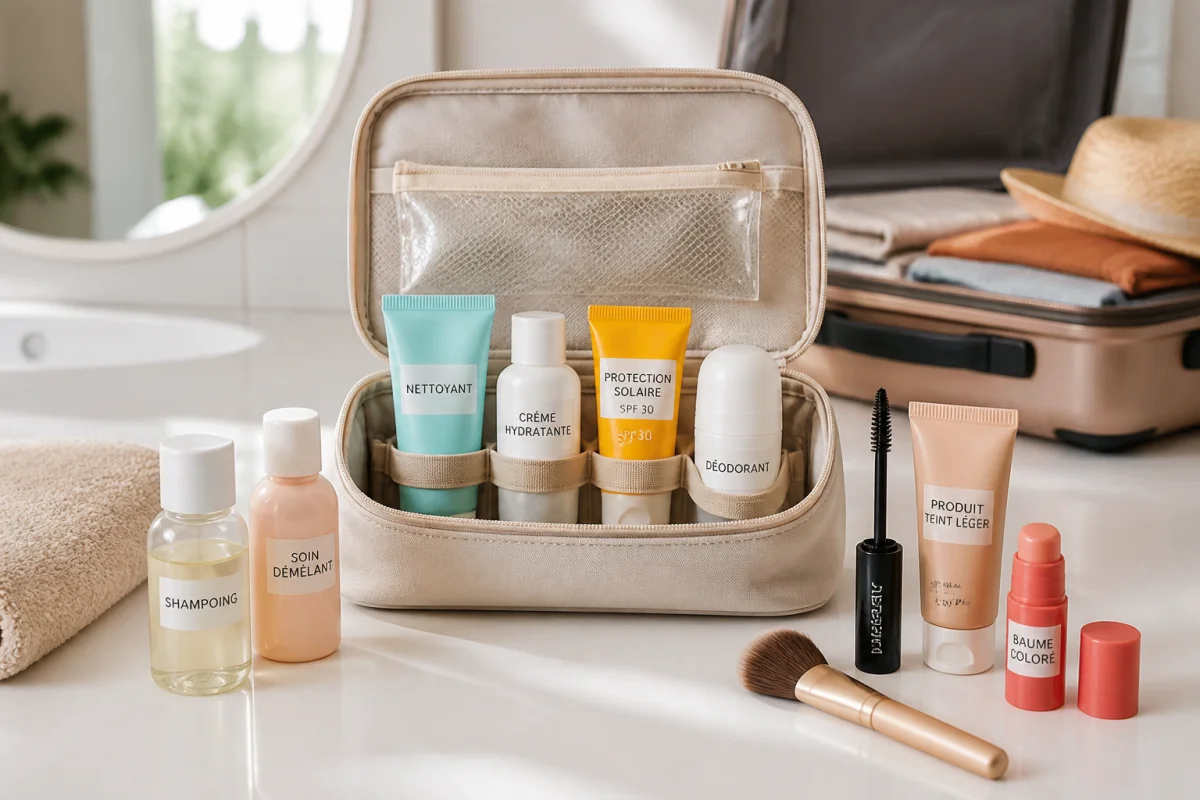 Trousse de beauté de voyage ouverte avec essentiels compacts pour une routine beauté avant vacances organisée et légère