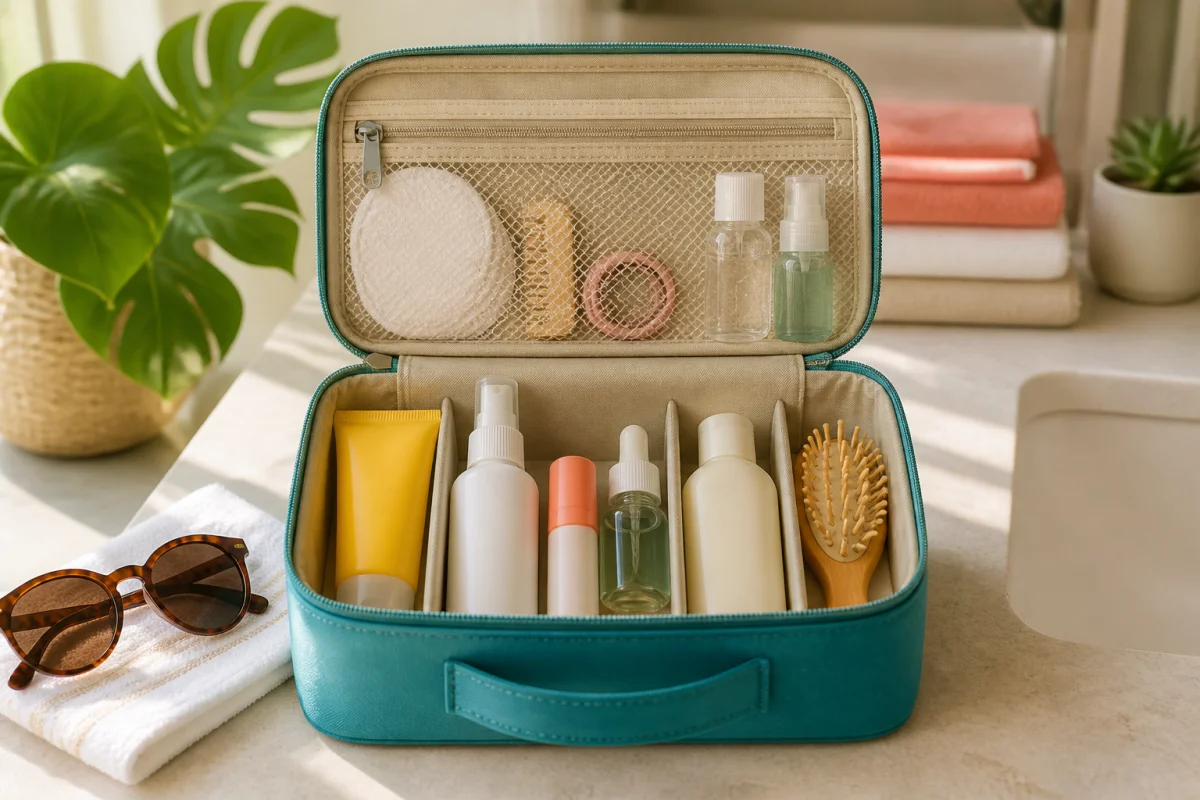 Trousse de beauté ouverte avec soins, protection solaire et accessoires, illustrant une routine beauté avant départ vacances sereine