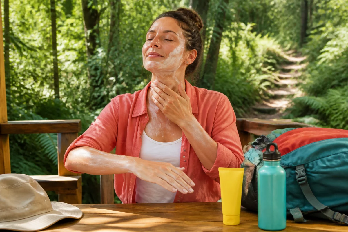 Personne appliquant de la crème solaire avant une routine beauté pour une sortie nature, sur une terrasse boisée