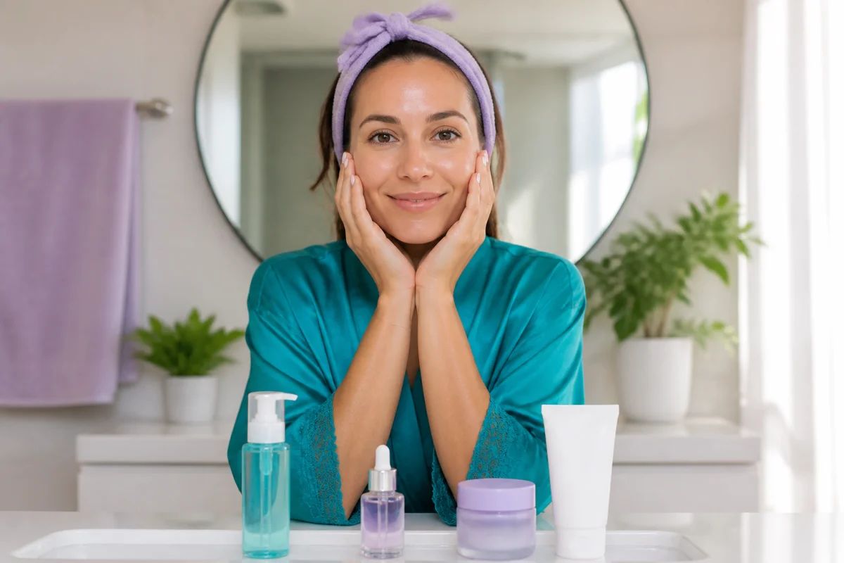 Routine soin du visage matinale en quatre étapes : nettoyage, sérum, hydratation et protection solaire devant un lavabo lumineux