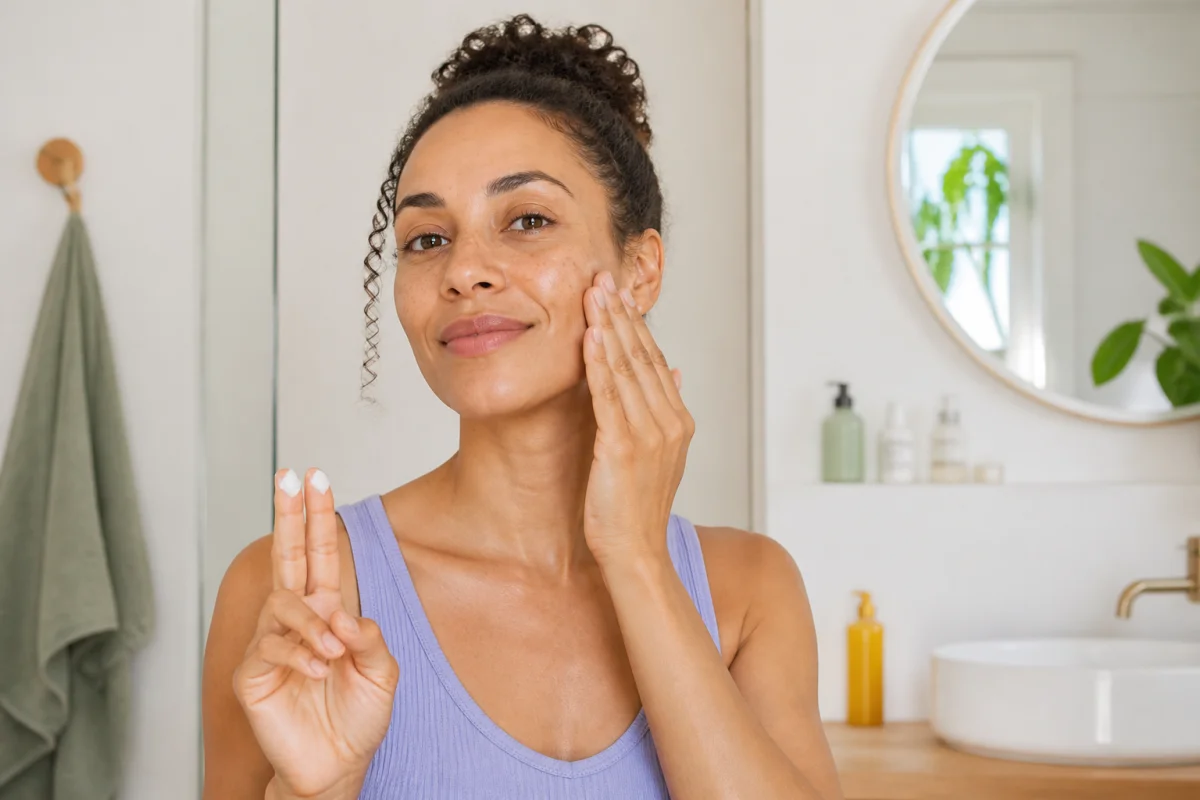 Personne appliquant une protection solaire sur le visage, étape clé d’une routine soin visage peau mixte.