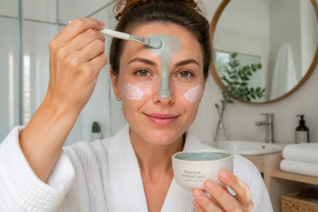 Routine soin visage peau mixte avec masque d’argile sur la zone T et hydratation des joues en salle de bain lumineuse